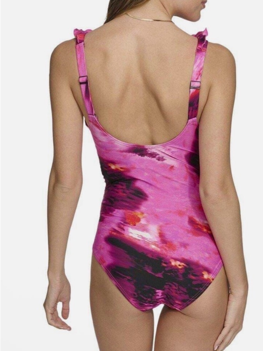 DKNY  Ruffled V-Neck One-Piece Swimsuit in Fuchsia Pink Print Size XXL - Picture 2 of 5